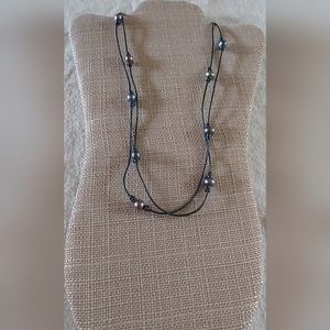 Handmade Dark Gray Leather And Peacock Pearl Necklace